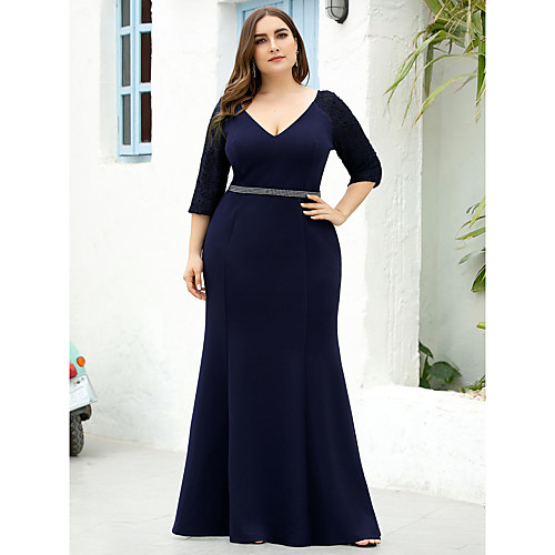Mermaid / Trumpet Mother of the Bride Dress Vintage Plus Size Plunging Neck Floor Length Lace Polyester 3/4 Length Sleeve with Sash / Ribbon 2020
Mermaid / Trumpet Mother of the Bride Dress Vintage Plus Size Plunging Neck Floor Length Lace Polyester 3/4 Length Sleeve with Sash / Ribbon 2020