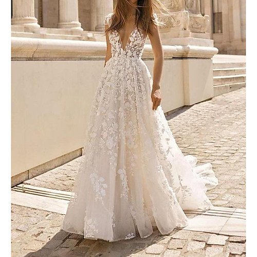 A-Line Plunging Neck Sweep / Brush Train Lace Cap Sleeve Country / Sexy Plus Size Wedding Dresses with Lace / Embroidery 2020
A-Line Plunging Neck Sweep / Brush Train Lace Cap Sleeve Country / Sexy Plus Size Wedding Dresses with Lace / Embroidery 2020