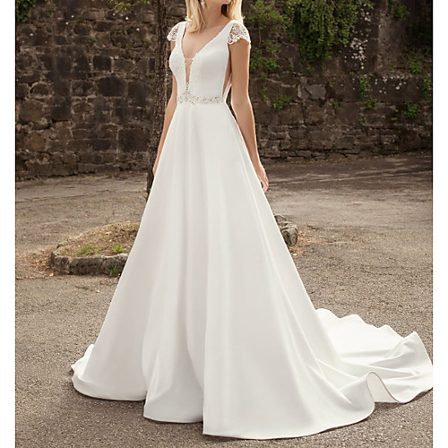 A-Line V Neck Sweep / Brush Train Lace / Chiffon Over Satin Cap Sleeve Country Plus Size Wedding Dresses with Lace / Crystals 2020
A-Line V Neck Sweep / Brush Train Lace / Chiffon Over Satin Cap Sleeve Country Plus Size Wedding Dresses with Lace / Crystals 2020