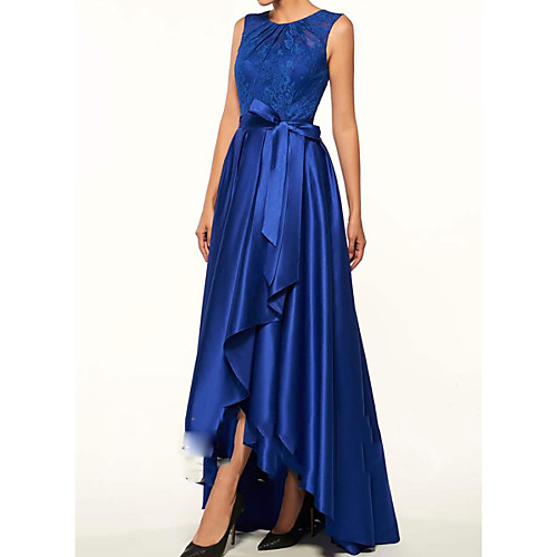 

A-Line Jewel Neck Asymmetrical Lace / Satin Sleeveless Sexy Mother of the Bride Dress with Sash / Ribbon / Pleats Mother's Day 2020