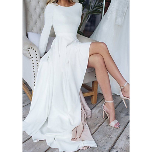 A-Line Jewel Neck Sweep / Brush Train Chiffon Over Satin Long Sleeve Simple Modern Wedding Dresses with Split Front 2020
A-Line Jewel Neck Sweep / Brush Train Chiffon Over Satin Long Sleeve Simple Modern Wedding Dresses with Split Front 2020
