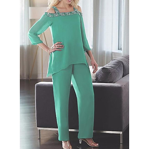 Pantsuit / Jumpsuit Off Shoulder Floor Length Chiffon 3/4 Length Sleeve Elegant Mother of the Bride Dress with Beading Mother's Day 2020
Pantsuit / Jumpsuit Off Shoulder Floor Length Chiffon 3/4 Length Sleeve Elegant Mother of the Bride Dress with Beading Mother's Day 2020