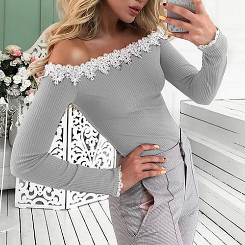 Women's Color Block Patchwork Lace Trims Slim T-shirt Daily Off Shoulder Blue / Red / Green / Light gray
Women's Color Block Patchwork Lace Trims Slim T-shirt Daily Off Shoulder Blue / Red / Green / Light gray