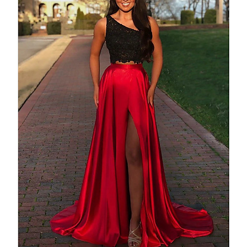 Two Piece One Shoulder Sweep / Brush Train Lace Sexy / Black Party Wear / Prom Dress with Pleats / Split 2020
Two Piece One Shoulder Sweep / Brush Train Lace Sexy / Black Party Wear / Prom Dress with Pleats / Split 2020