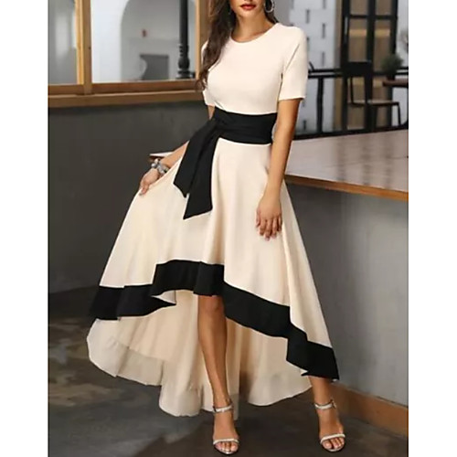 

A-Line Jewel Neck Asymmetrical Satin Short Sleeve Elegant Mother of the Bride Dress with Sash / Ribbon / Pleats / Color Block Mother's Day 2020