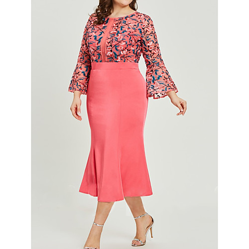 Sheath / Column Mother of the Bride Dress Elegant Plus Size Jewel Neck Tea Length Lace Stretch Satin 3/4 Length Sleeve with Embroidery Flower 2020
Sheath / Column Mother of the Bride Dress Elegant Plus Size Jewel Neck Tea Length Lace Stretch Satin 3/4 Length Sleeve with Embroidery Flower 2020