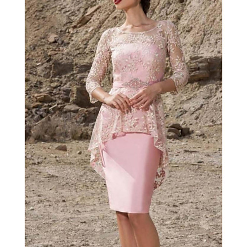 Sheath / Column Mother of the Bride Dress Elegant Jewel Neck Knee Length Lace Stretch Satin 3/4 Length Sleeve with Embroidery 2020
Sheath / Column Mother of the Bride Dress Elegant Jewel Neck Knee Length Lace Stretch Satin 3/4 Length Sleeve with Embroidery 2020