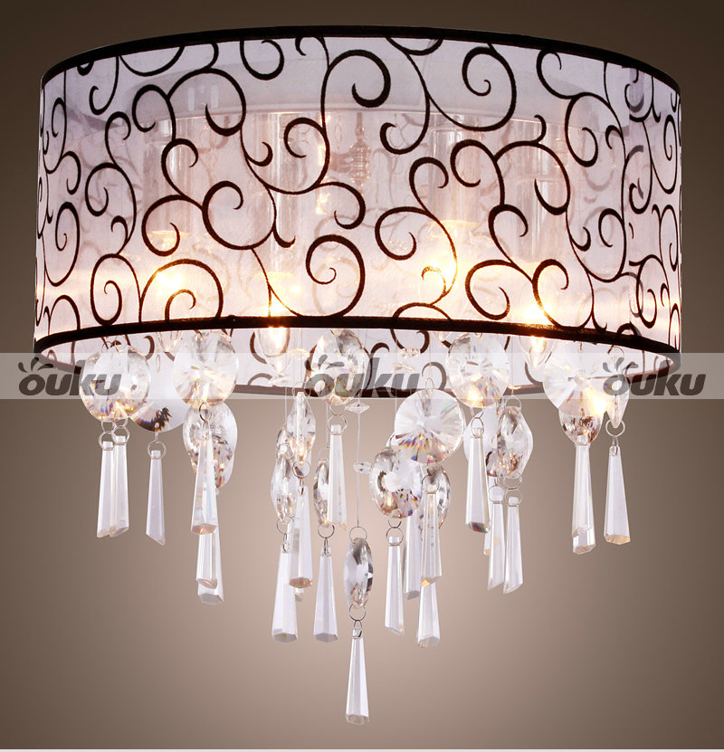 Crystal Drum Chandelier fabric shade 4 lights Ceiling lamp Pendant