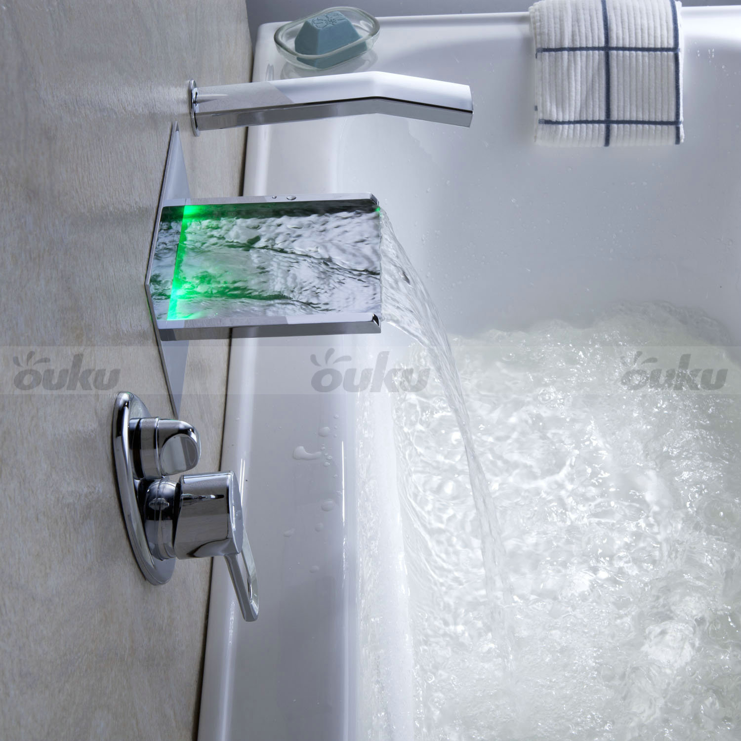 In Wall Mount LED Waterfall Tub Faucet Bathtub Mixer Tap Widespread RGB