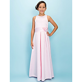 A-line Jewel Neck Floor Length Satin Junior Bridesmaid Dress With Draping Flower(s) Sash / Ribbon By Lan Ting Bride
