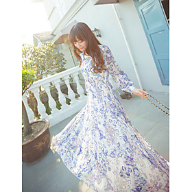 Women's Chiffon Floral Print Long Sleeve Maxi Dress