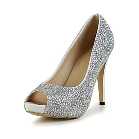 Elegant Leather Stiletto Heel Peep Toe Pumps with Rhinestone Party/Evening Shoes