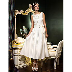 A-line Bateau Tea-length Satin Wedding Dress (631179)