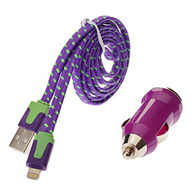 Purple Car Cigarette Powered Charger with USB to Apple 8 Pin Nylon Cable for iPhone 5/5S/5C (5V 1A,100cm)
