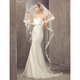 One-tier Cathedral Wedding Veil With Applique Edge