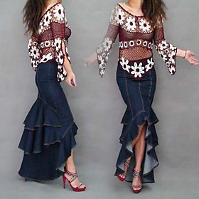 Flouncing Asymmetry Irregular Sexy Denim Long Skirts, Woman Jeans Mermaid Fishtail Maxi Skirts