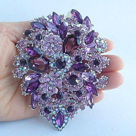Women's Trendy Alloy Silver-tone Purple Rhinestone Crystal Flower Brooch Pin