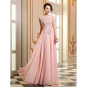A-line Jewel Neck Floor Length Georgette Prom Formal Evening Dress With Beading Appliques Pearl Detailing By Chqy