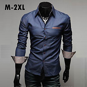 larga camisas de mezclilla manga alta calidad pantalones vaqueros del bolsillo de cuero lavado con agua de la moda camisa de los hombres