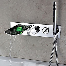 Contemporary Centerset Waterfall Pullout Spray Led Brass Valve Three Holes Single Handle Three Holes Chrome , Shower Faucet Bathtub