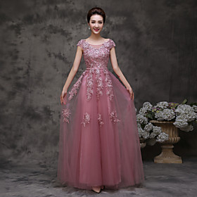 A-line Bateau Neck Floor Length Tulle Formal Evening Dress With Ruffles By Ts Couture