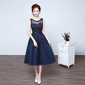 A-line Illusion Neckline Tea Length Lace Tulle Cocktail Party Homecoming Prom Dress With Beading Appliques By Armk