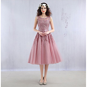 Ball Gown Illusion Neckline Tea Length Lace Tulle Cocktail Party Homecoming Dress With Beading Lace By Armk