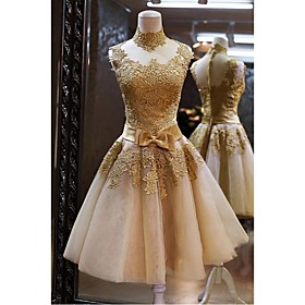 A-line Illusion Neckline Short / Mini Lace Tulle Cocktail Party Homecoming Prom Dress With Appliques Bow(s) Sash / Ribbon By Drrs