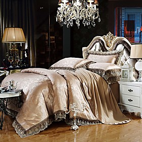 Gray Gold Bedding Set Queen King Size Luxury Silk Cotton Blend Lace Duvet Cover Sets Jacquard Pattern
