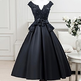A-line Notched Tea Length Satin Cocktail Party Dress With Flower(s) Sash / Ribbon By Hqy