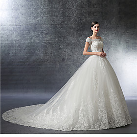 A-line Off-the-shoulder Cathedral Train Satin Wedding Dress with Crystal Beading by DRRS