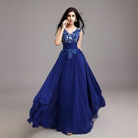 A-line Jewel Neck Floor Length Chiffon Formal Evening Dress With Appliques By Ts Couture