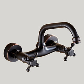 Antique Wall Mounted Rotatable Ceramic Valve Two Holes Two Handles Two Holes Oil-rubbed Bronze , Bathroom Sink Faucet