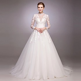 A-Line Princess Jewel Neck Court Train Tulle Wedding Dress with Beading Button by DRRS