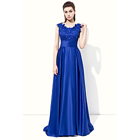 A-line Jewel Neck Floor Length Stretch Satin Formal Evening Dress With Beading Appliques By Lovingtime
