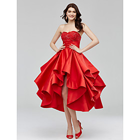 A-line Sweetheart Asymmetrical Satin Cocktail Party Homecoming Dress With Beading Appliques Sash / Ribbon Ruching By Ts Couture