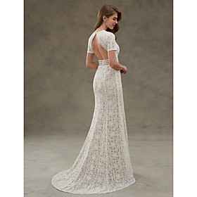 Sheath / Column Jewel Neck Floor Length Sheer Lace Custom Wedding Dresses with Draping Lace Sash / Ribbon by LAN TING BRIDE
