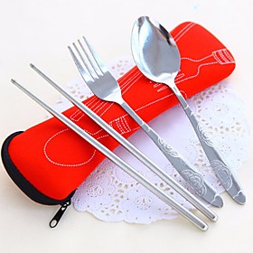 3Pcs/Set Portable Stainless Steel Tableware Camping Bag Picnic Lunch Box Random Color