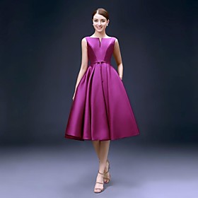 A-line Fit Flare Bateau Neck Knee Length Satin Cocktail Party Homecoming Dress With Pockets By Ts Couture