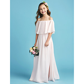 A-line Princess Off Shoulder Floor Length Chiffon Junior Bridesmaid Dress With Pleats By Lan Ting Bride