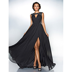 A-line Jewel Neck Sweep / Brush Train Chiffon Sequined Evening Dress By Ts Couture