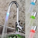 Contemporary Chrome Finish Single Handle Brass  Kitchen Faucet with Three Color Changing LED