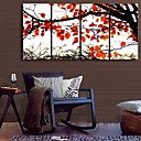 e-FOYER toile tendue art automne feuilles rouges decoratif ensemble de 4 de peinture