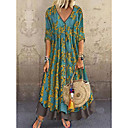 Mujer Vestido de una línea Vestido Maxi Largo - Media Manga Floral Multi capa Botón Estampado Primavera verano Escote en V Profunda Casual Festivos Vacaciones Raso Corte Ancho 2020 Rojo Verde Trébol