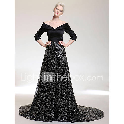A line V neck Court Train Satin And Sequined Evening Dress inspired by Oprah Winfrey at the 83rd Oscar