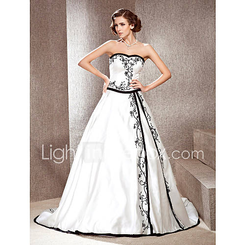 A line Sweetheart Court Train Satin Wedding Dress with Split Front