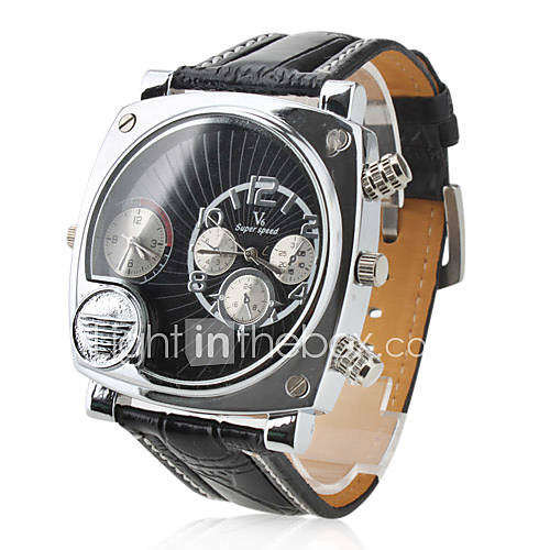 Mens Military Style Dual Time Zones Black PU Band Quartz Wrist Watch