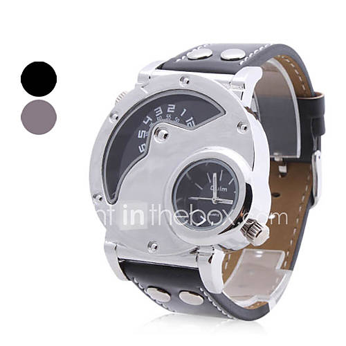 Mens Military Style 2 Time Zones Round Case PU Band Quartz Wrist Watch (Assorted Colors)