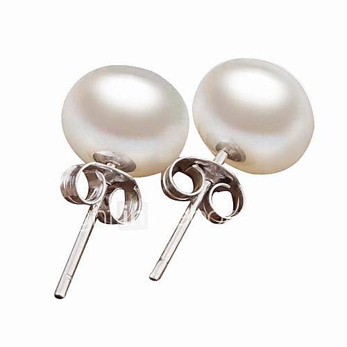 Titanium Sterling Silver White Freshwater Cultured Pearl Button Stud Earrings With With Gift Box (8 9mm)