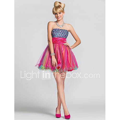 A line/Princess Strapless Short/Mini Satin And Tulle Cocktail/Prom Dress With Beading